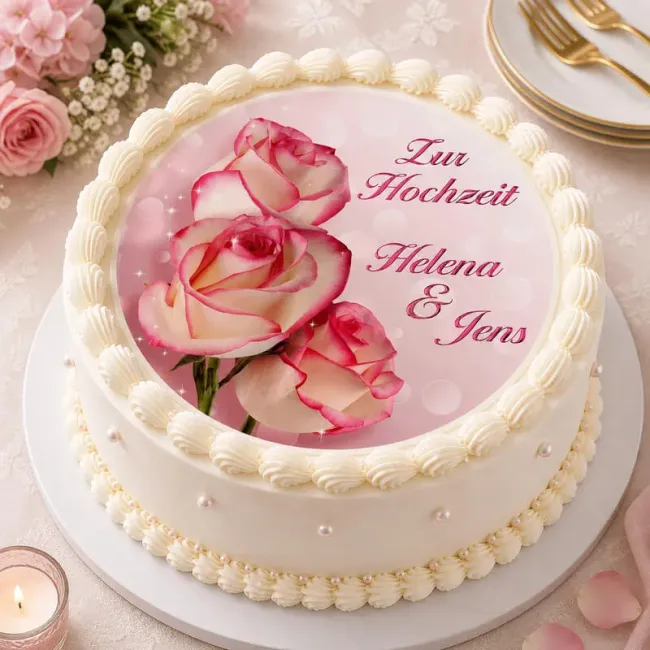 Tortenfoto Hochzeit rund – 3 Rosen in Vanille-Rosa mit Text