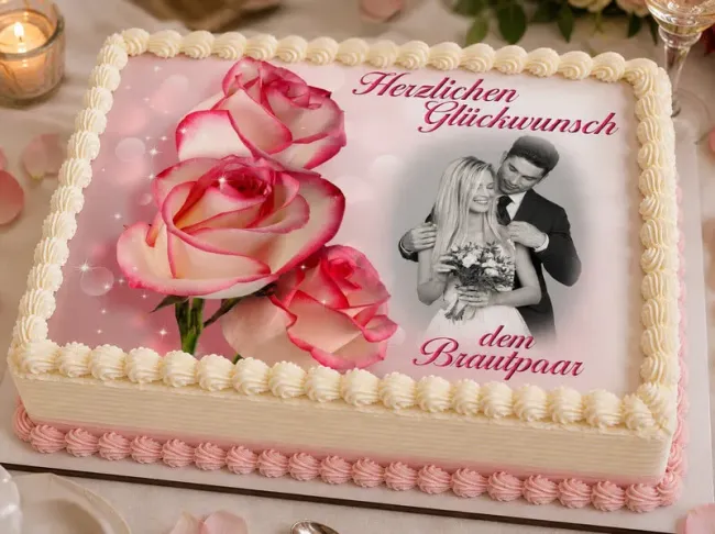 Tortenaufleger Hochzeit rechteckig – 3 Rosen in Vanille-Rosa