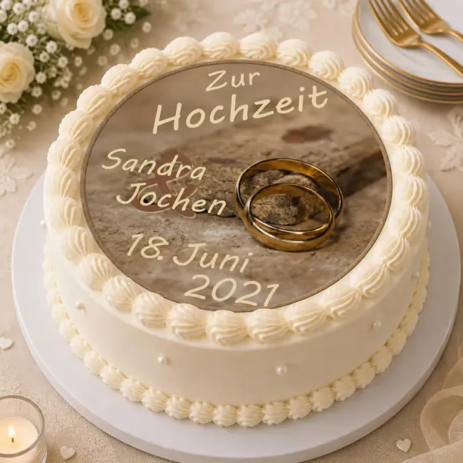 Tortenaufleger Hochzeit rund – Erdige Töne & Holz-Optik mit Ringen