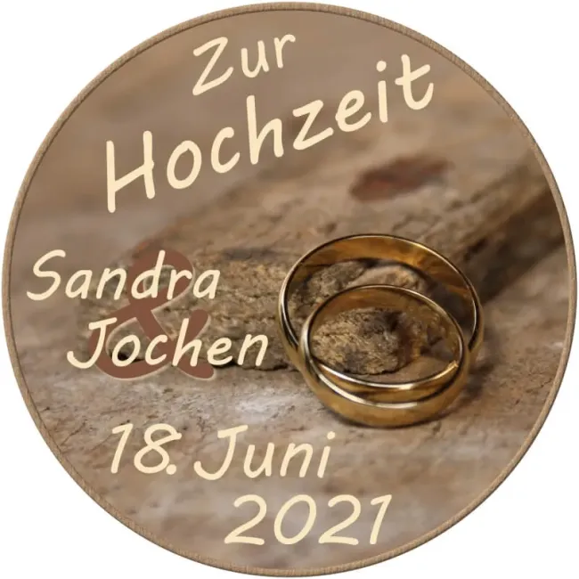 Preview: Tortenaufleger Hochzeit rund – Erdige Töne & Holz-Optik mit Ringen