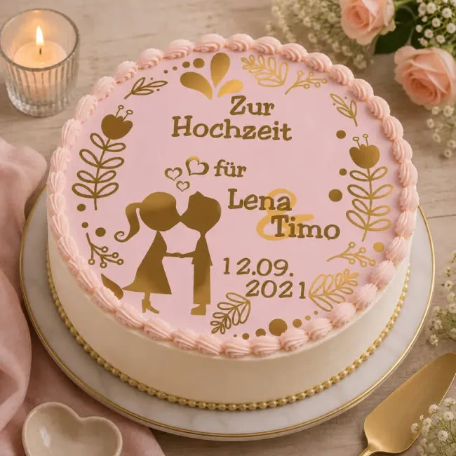Tortenaufleger Hochzeit rund – Zartrosa mit süßem Pärchen-Motiv