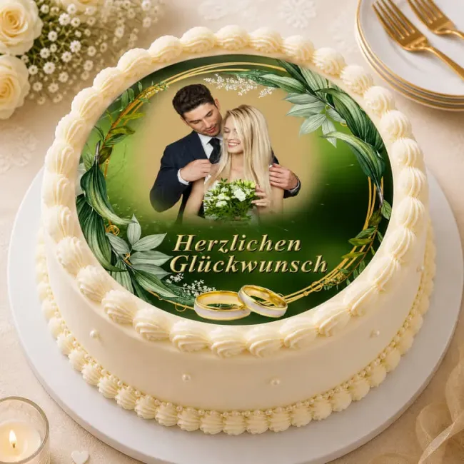 Tortenaufleger Hochzeit mit Foto rund – Grün-Floral mit Gold-Schrift