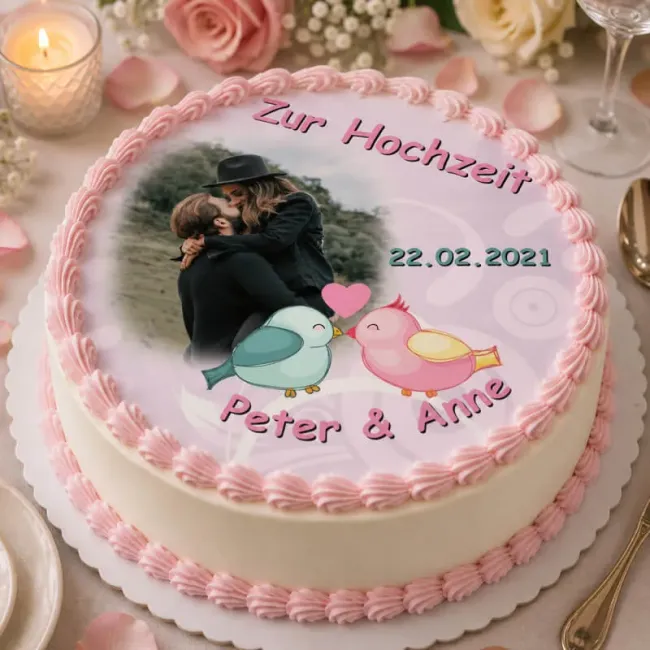 Tortenaufleger Hochzeit mit Foto rund – Jung & Frech in Flieder mit Spatzen