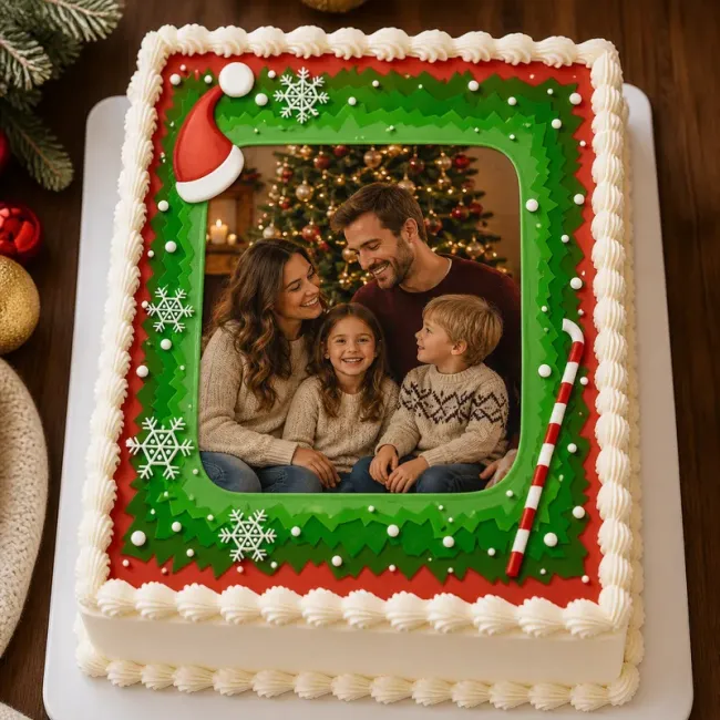 Essbarer Foto-Tortenaufleger zu Weihnachten mit Nikolausmütze & Zuckerstange
