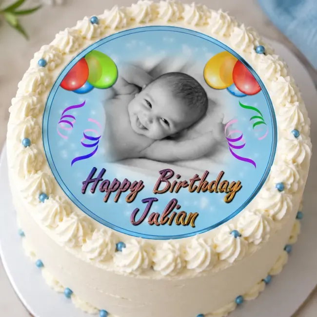 Kinder-Tortenaufleger Geburtstag in Blau mit bunten Luftballons & Luftschlangen