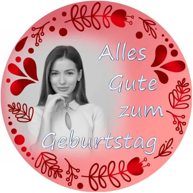 Runder Foto-Tortenaufleger Geburtstag mit floralem Blätterkranz (8 Farben)