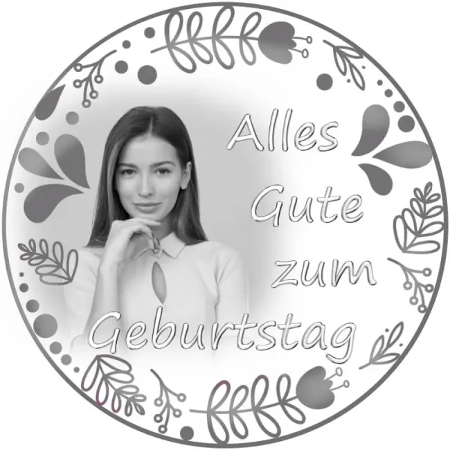 Preview: Runder Foto-Tortenaufleger Geburtstag mit floralem Blätterkranz (8 Farben)