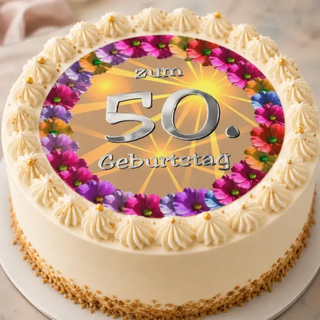 Runder Tortenaufleger Geburtstag mit buntem Blumenrand & Sonnenstrahlen