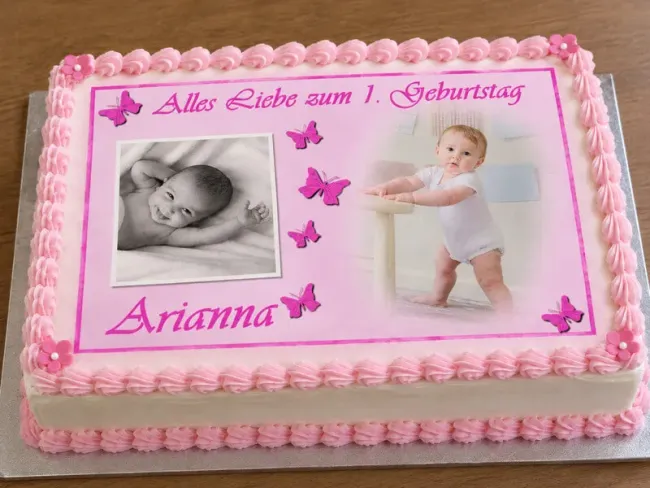 Preview: Personalisierter Tortenaufleger zum Geburtstag für 2 Fotos & Schmetterlingen (Rosa/Blau)