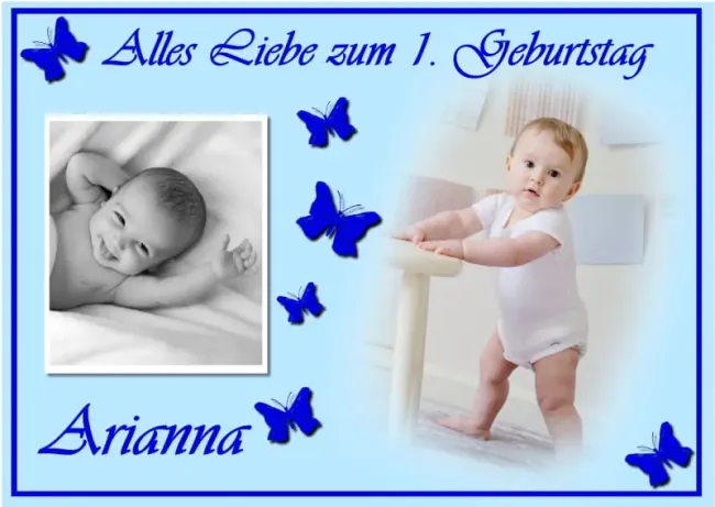 Preview: Personalisierter Tortenaufleger zum Geburtstag für 2 Fotos & Schmetterlingen (Rosa/Blau)