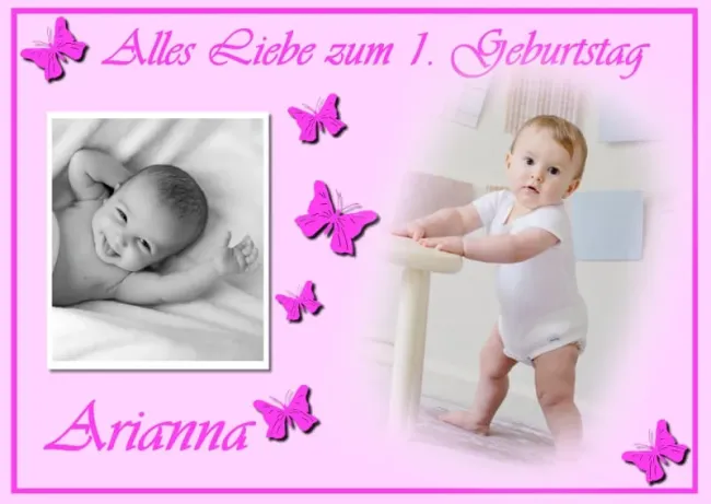 Preview: Personalisierter Tortenaufleger zum Geburtstag für 2 Fotos & Schmetterlingen (Rosa/Blau)