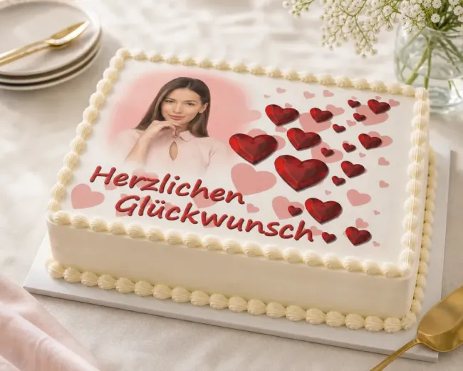 Rechteckiger Foto-Tortenaufleger Geburtstag mit roten 3D-Herzen & Wunschtext