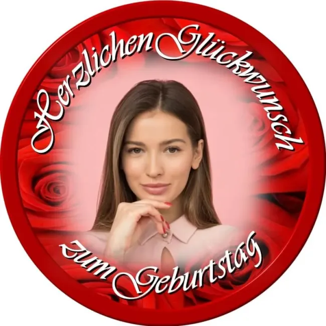 Preview: Runder Foto-Tortenaufleger Geburtstag mit edlen roten Rosen