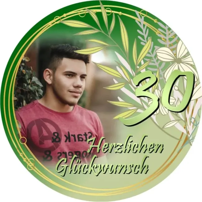 Preview: Runder Foto-Tortenaufleger Geburtstag in Grün & Gold mit Blätterzweigen