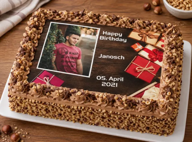 Rechteckiger Foto-Tortenaufleger Geburtstag mit Geschenken auf Holzhintergrund