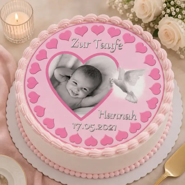 Preview: Personalisierter Tortenaufleger zur Taufe oder Geburt mit Herzrand & Foto (Rosa/Blau)