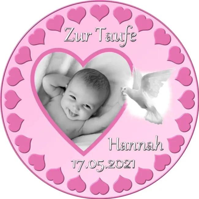 Preview: Personalisierter Tortenaufleger zur Taufe oder Geburt mit Herzrand & Foto (Rosa/Blau)