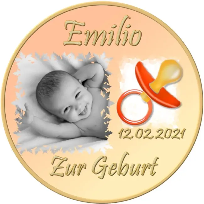 Preview: Personalisierter Foto-Tortenaufleger zur Geburt oder Taufe mit Schnuller-Motiv in Orange