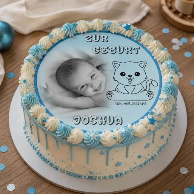 Preview: Personalisierter Foto-Tortenaufleger zur Geburt oder Taufe mit niedlichem Kätzchen-Motiv (Rosa/Blau)