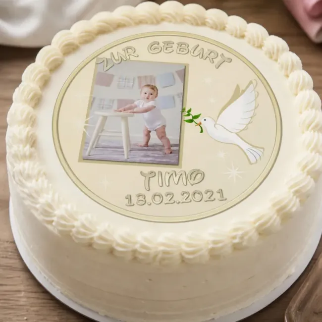 Personalisierter Foto-Tortenaufleger zur Geburt oder Taufe mit Friedenstaube & funkelnden Sternen (Beige)