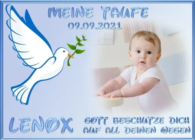 Preview: Personalisierter rechteckiger Foto-Tortenaufleger zur Taufe mit Friedenstaube & Taufspruch (Blau)