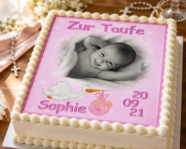 Personalisierter rechteckiger Foto-Tortenaufleger zur Geburt oder Taufe mit fliegendem Storch (Rosa)