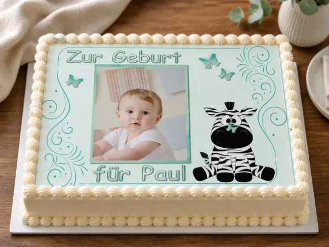 Personalisierter rechteckiger Foto-Tortenaufleger zur Geburt oder Taufe mit süßem Zebra & Schmetterlingen (Mintgrün)