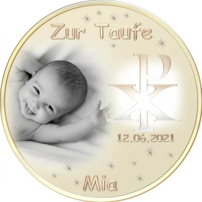 Preview: Personalisierter runder Foto-Tortenaufleger zur Taufe mit edlem Christusmonogramm (Gold/Creme)