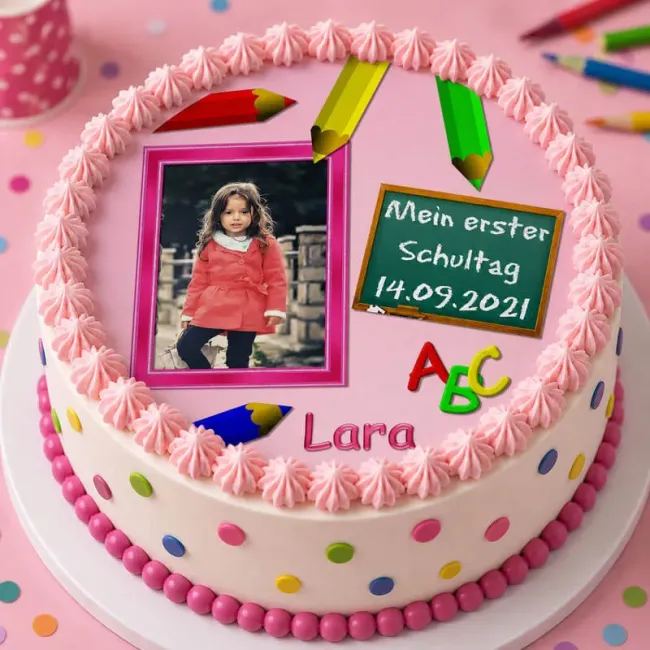 Runder Foto-Tortenaufleger zur Einschulung in Rosa mit Schultafel & Buntstiften