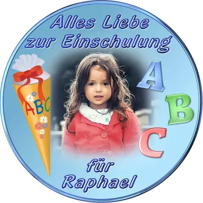 Preview: Runder Foto-Tortenaufleger zur Einschulung mit Schultüte & 3D-ABC