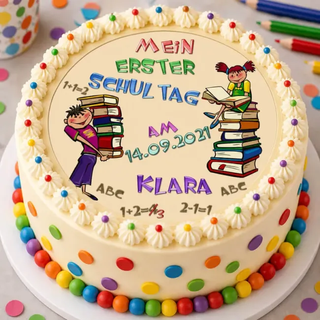 Runder Einschulungs-Tortenaufleger mit Comic-Kindern & Bücherstapel (ohne Foto)