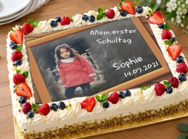 Rechteckiger Foto-Tortenaufleger zur Einschulung als Schultafel im Holzrahmen