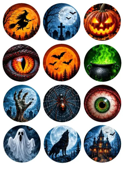 Preview: Personalisierte Muffin- und Cupcake-Aufleger im 12er-Set – 12 verschiedene Halloween Grusel-Motive
