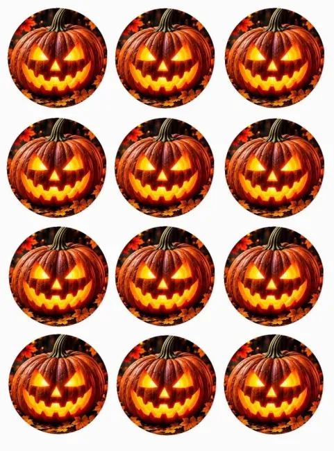 12 Stück Muffin- und Cupcake-Aufleger – Leuchtendes Halloween Kürbis Motiv