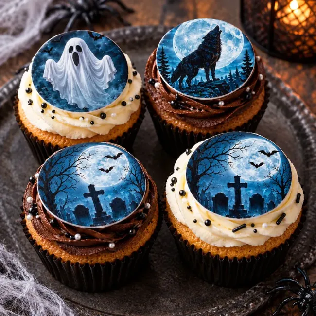 Keks, Cupcake oder Muffin-Aufleger 12er-Set – Halloween Geisternacht mit Wolf, Gespenst und Friedhofsmotiv