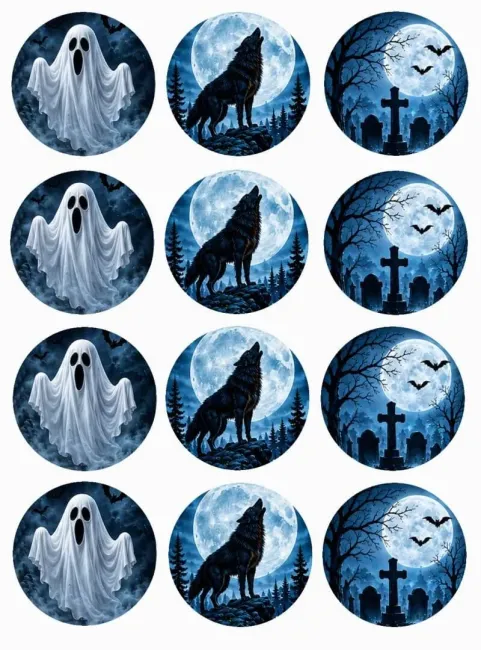 Keks, Cupcake oder Muffin-Aufleger 12er-Set – Halloween Geisternacht mit Wolf, Gespenst und Friedhofsmotiv