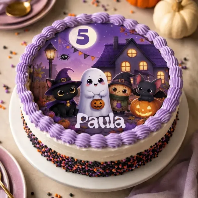 Personalisiertes rundes Tortenfoto – Niedliche Kinder-Halloweenparty mit Katze, Geist und kleinen Monstern