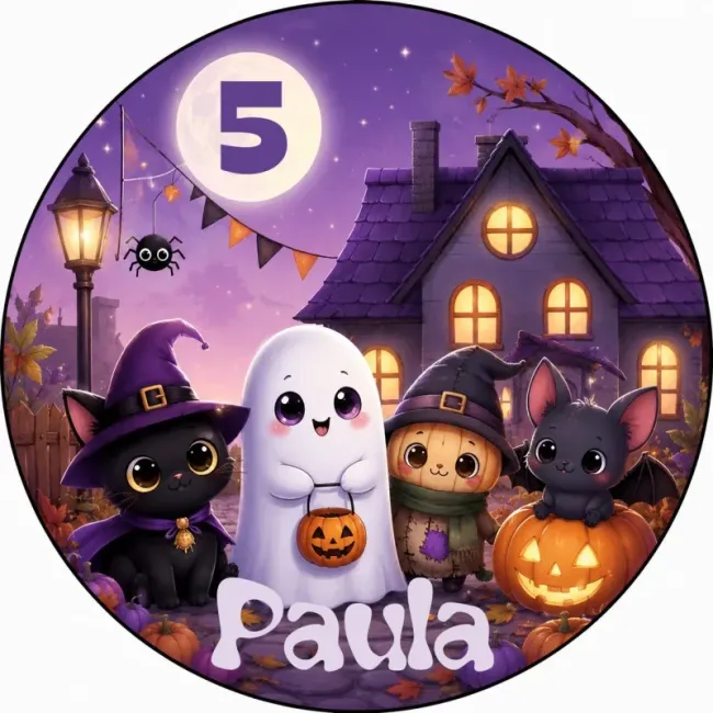 Personalisiertes rundes Tortenfoto – Niedliche Kinder-Halloweenparty mit Katze, Geist und kleinen Monstern
