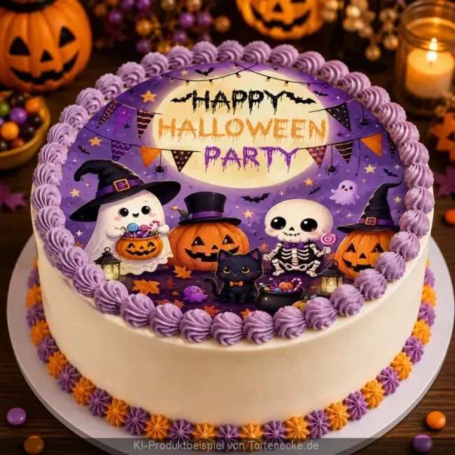 Süße Halloween Torte als Cremetorte einfach dekorieren mit rundem Zuckerbild für die Kinderparty