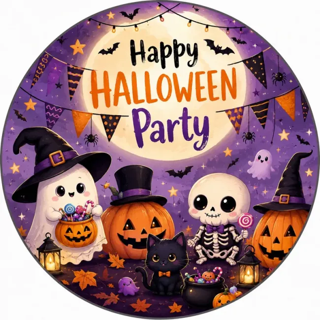 Essbares rundes Tortenbild mit Wunschtext – Farbenfrohe Happy Halloween Party mit Skelett, Geist und süßen Monstern