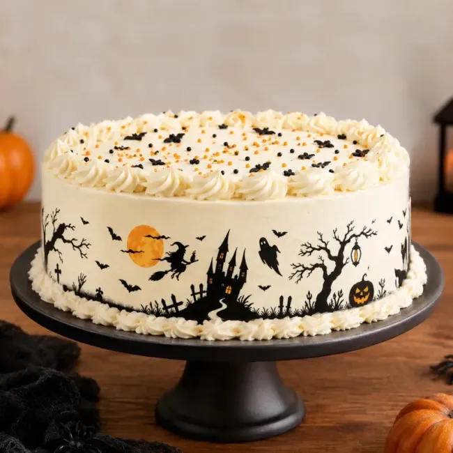 Essbares Tortenband Halloween Silhouette mit Hexe, Gruselschloss & Kürbis, 4er-Set