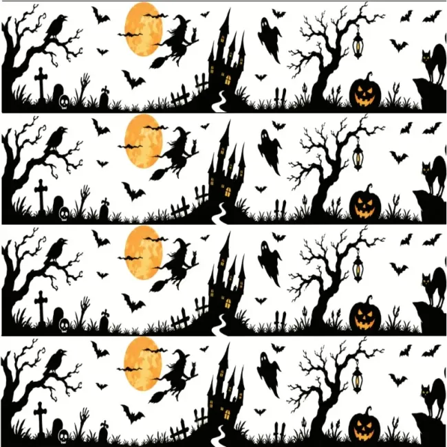 Preview: Essbares Tortenband Halloween Silhouette mit Hexe, Gruselschloss & Kürbis, 4er-Set
