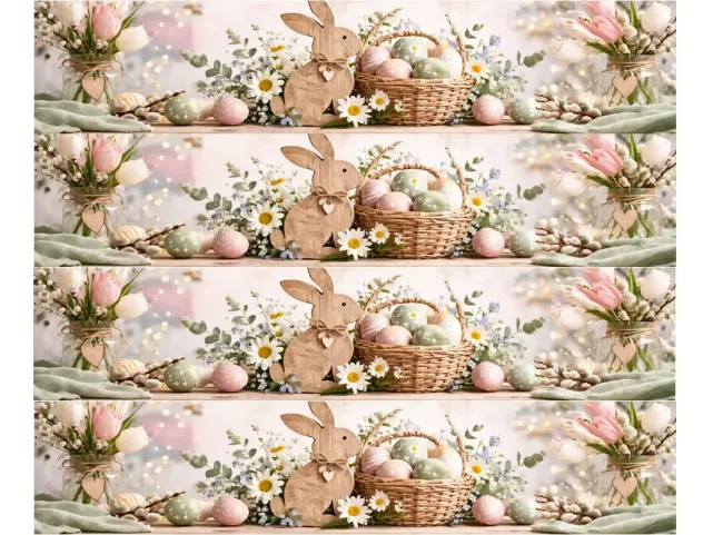 Preview: Essbares Tortenband zu Ostern mit Hasen-Silhouette in Holzoptik und Weidenkörbchen, 4er-Set