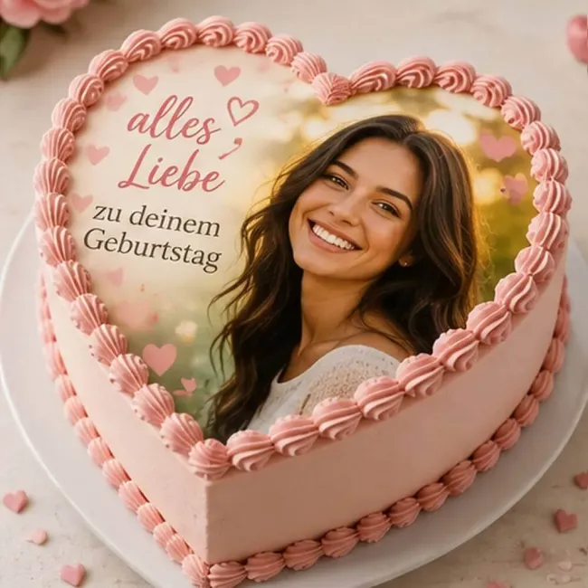 Herzform Tortenfoto aus Deinem Wunschbild (inkl. Wunschtext-Option)