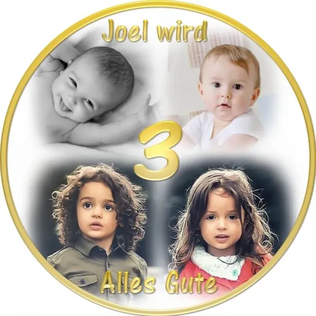 Rundes Tortenfoto als Collage aus 3-5 Bildern (inkl. Wunschtext)