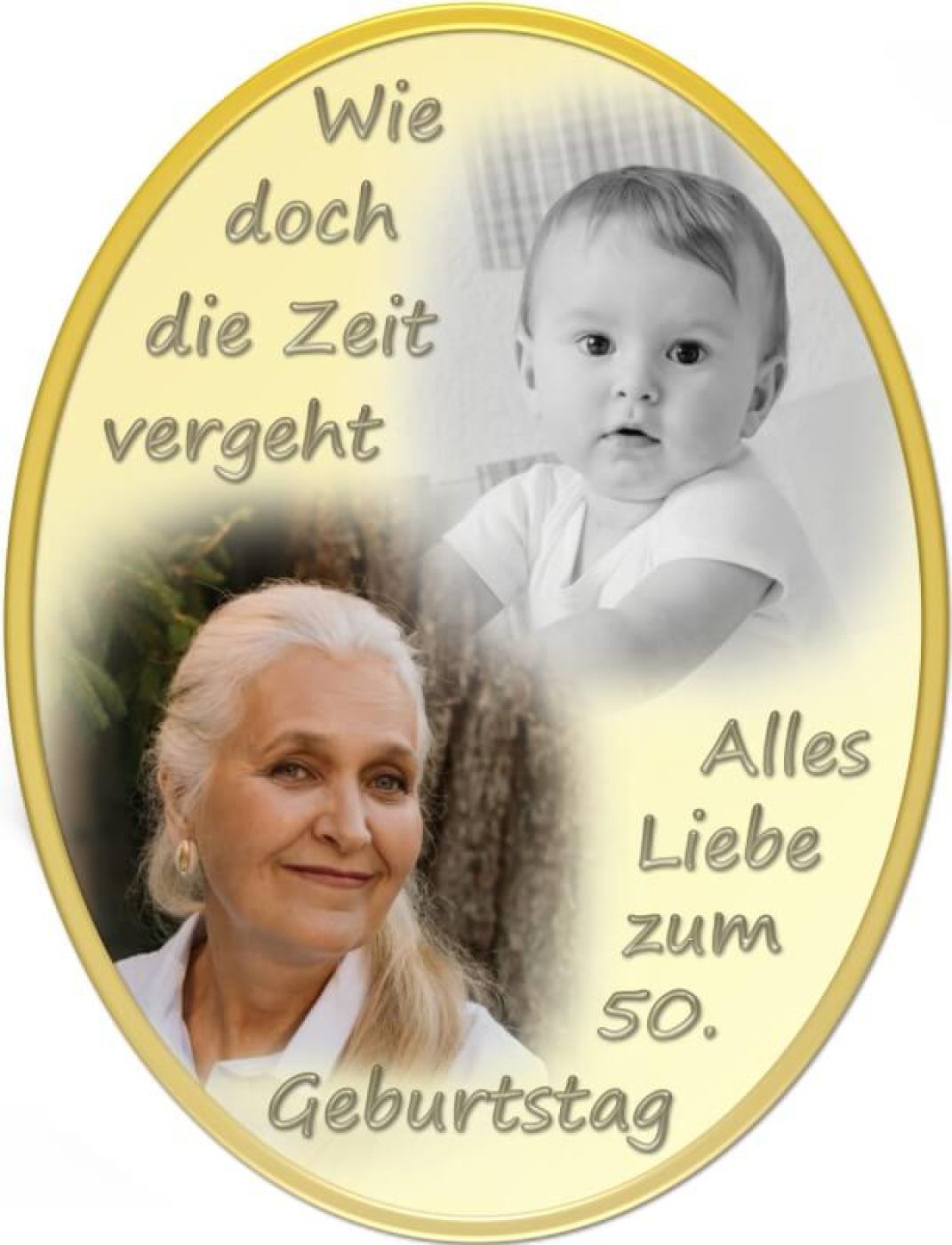 Ovales Tortenfoto als Collage aus 2 Bildern (inkl. Wunschtext)
