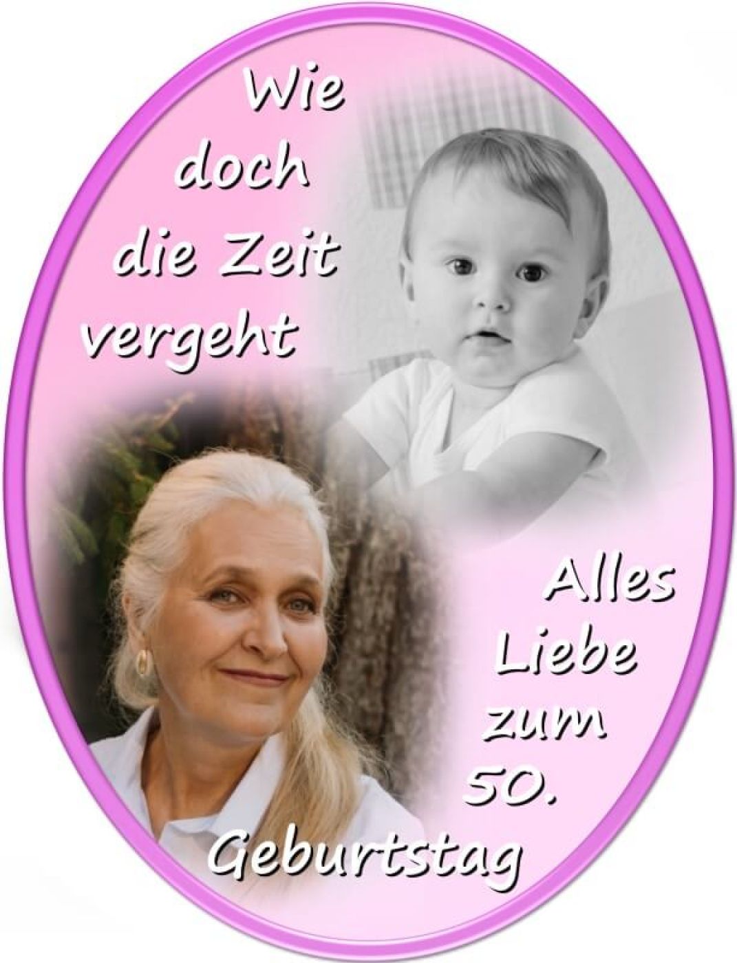Ovales Tortenfoto als Collage aus 2 Bildern (inkl. Wunschtext)