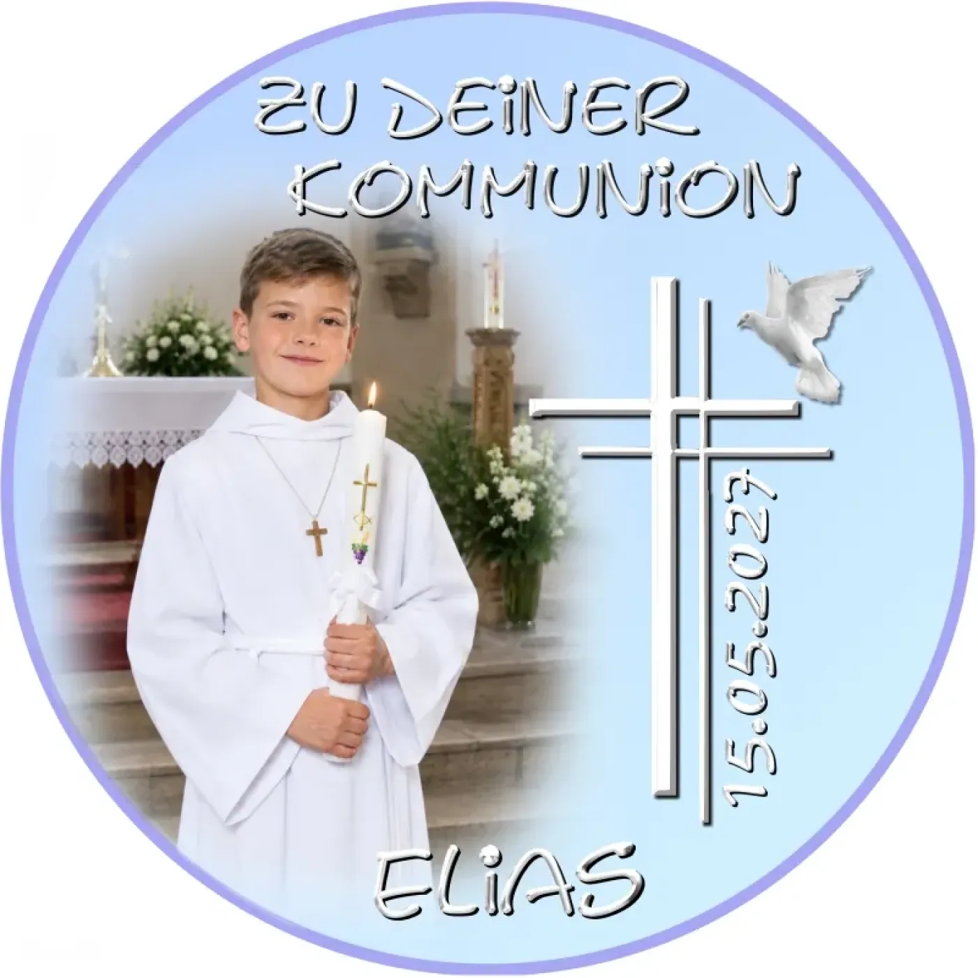 Tortenaufleger zur Kommunion & Konfirmation – Edles Doppelkreuz mit Friedenstaube