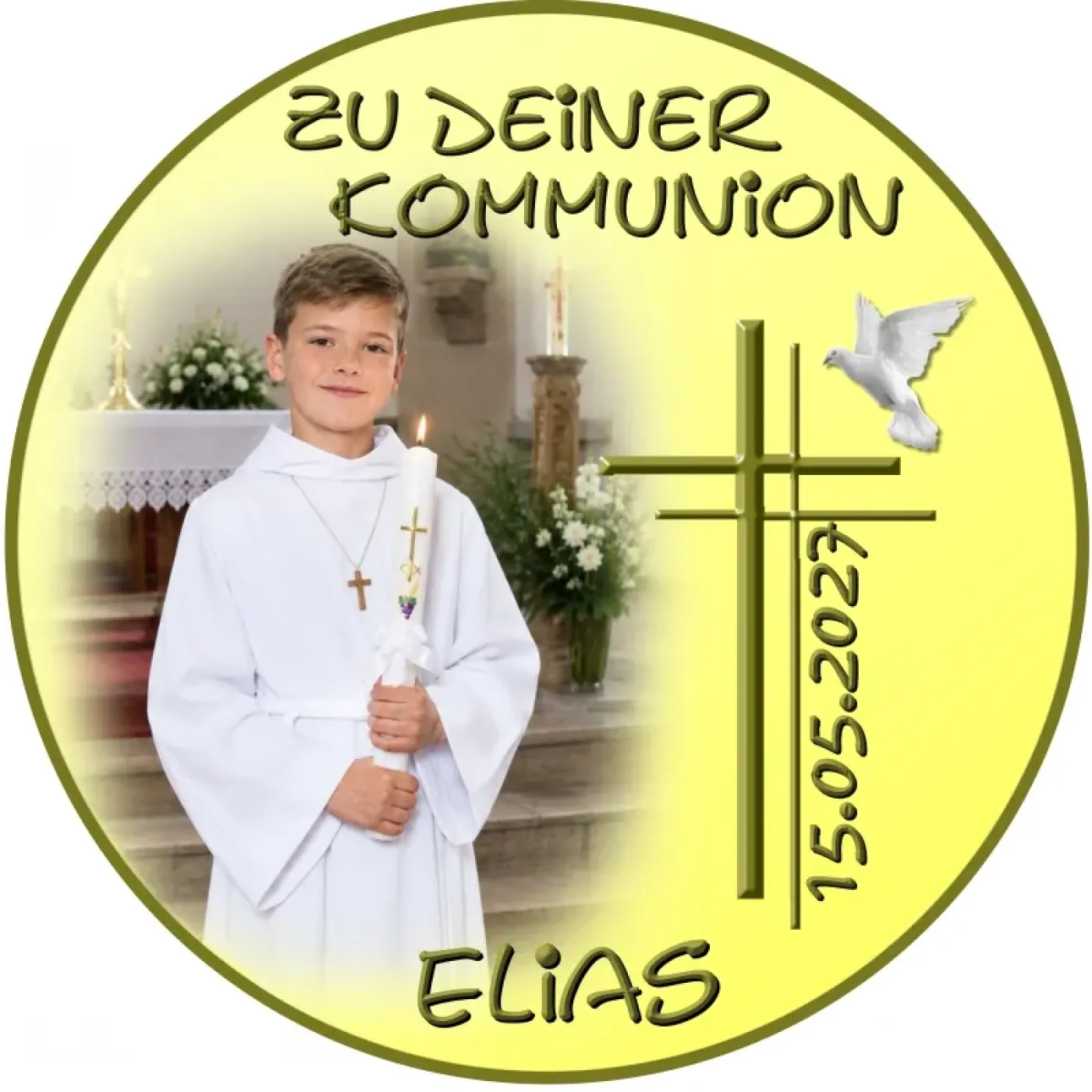 Tortenaufleger zur Kommunion & Konfirmation – Edles Doppelkreuz mit Friedenstaube