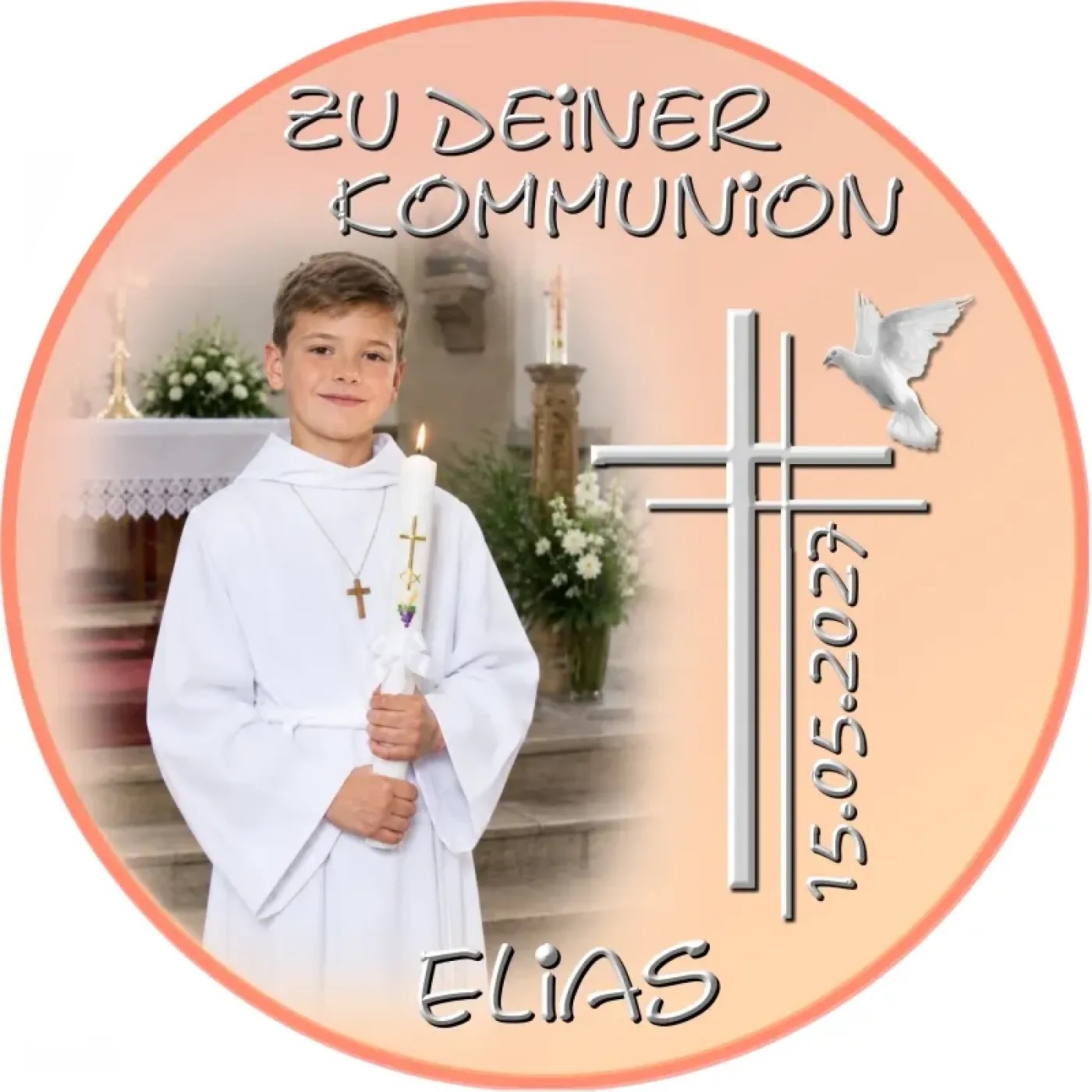 Tortenaufleger zur Kommunion & Konfirmation – Edles Doppelkreuz mit Friedenstaube